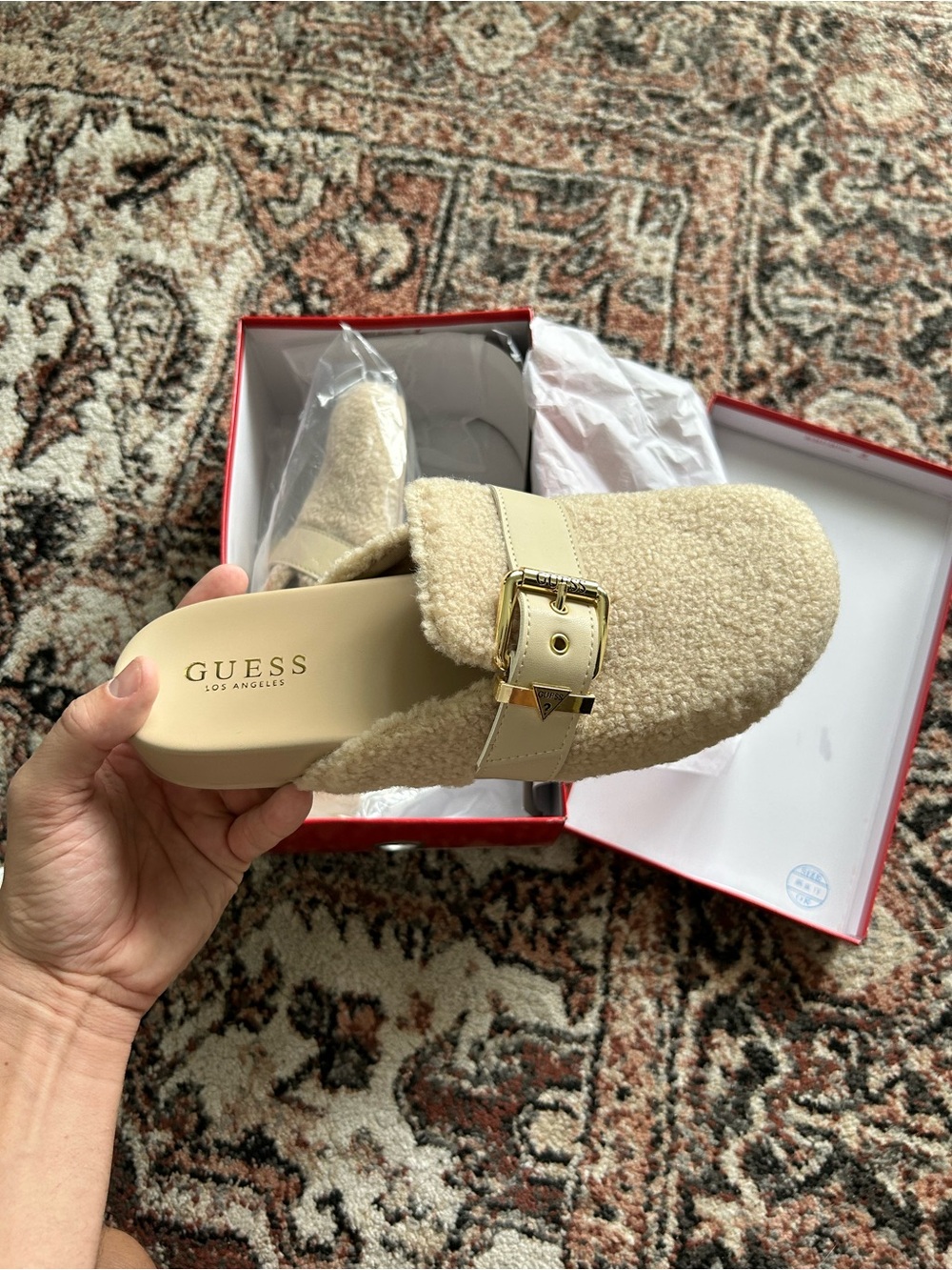 GUESS Cream Faux-Shearling Mule with Gold Buckle